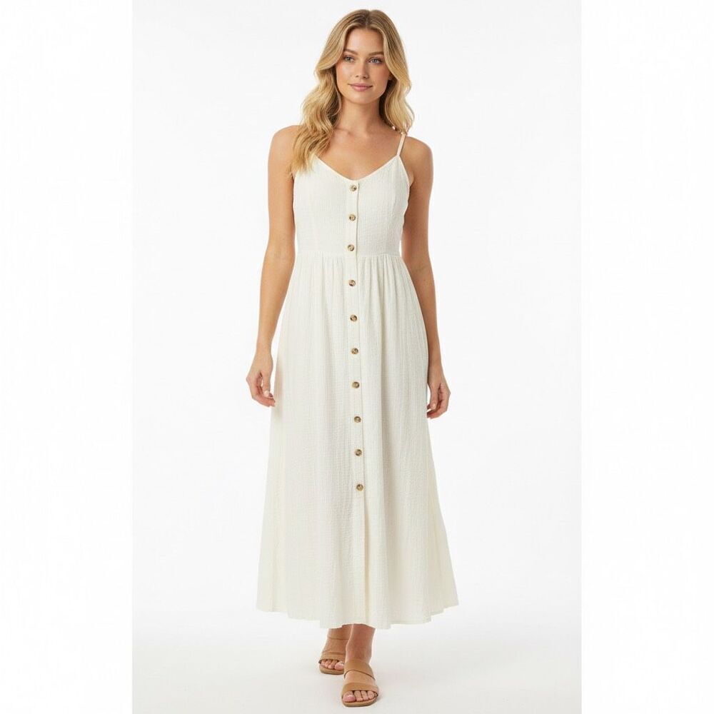 Boho Cotton Blend Midi Dress White Button Front Sun Dress Summer City Chic L